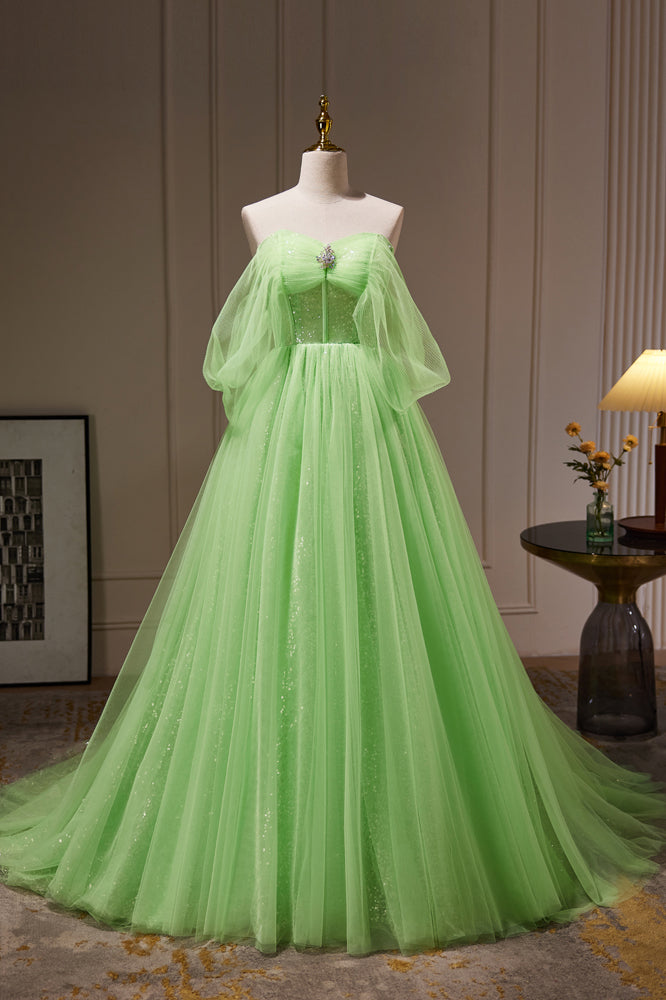 Sparkle Green Off The Shoulder Sequins A Line Tulle Long Prom Dresses