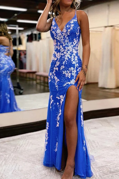 Mermaid V-Neck Appliques Prom Dress with Slit