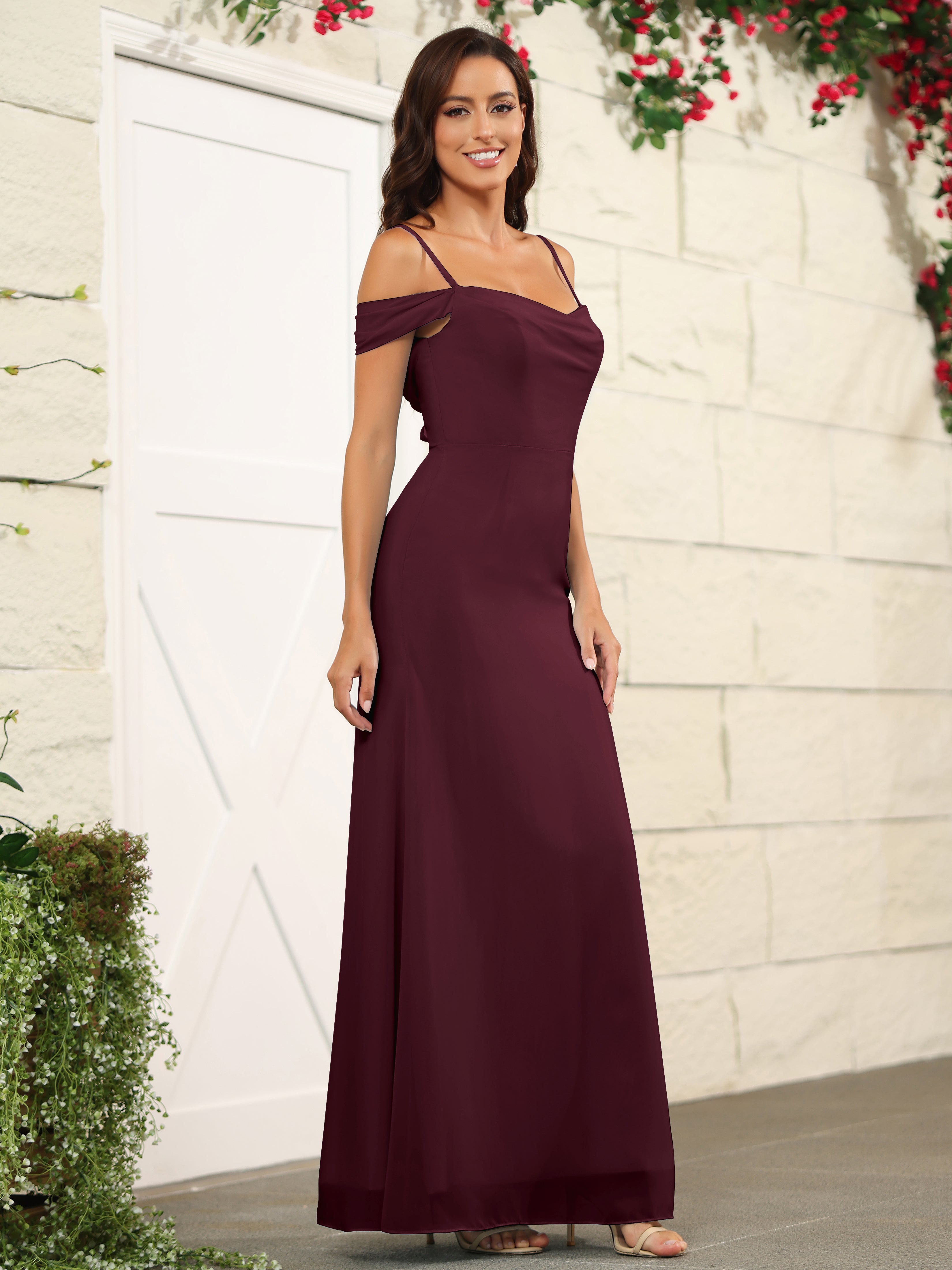 Spaghetti Straps Short Sleeves Off Shoulder Bodice | Burgundy, Blue Chiffon Long Evening & Prom hotsell Dress | Cute Solid Bridesmaid Gown JT#671