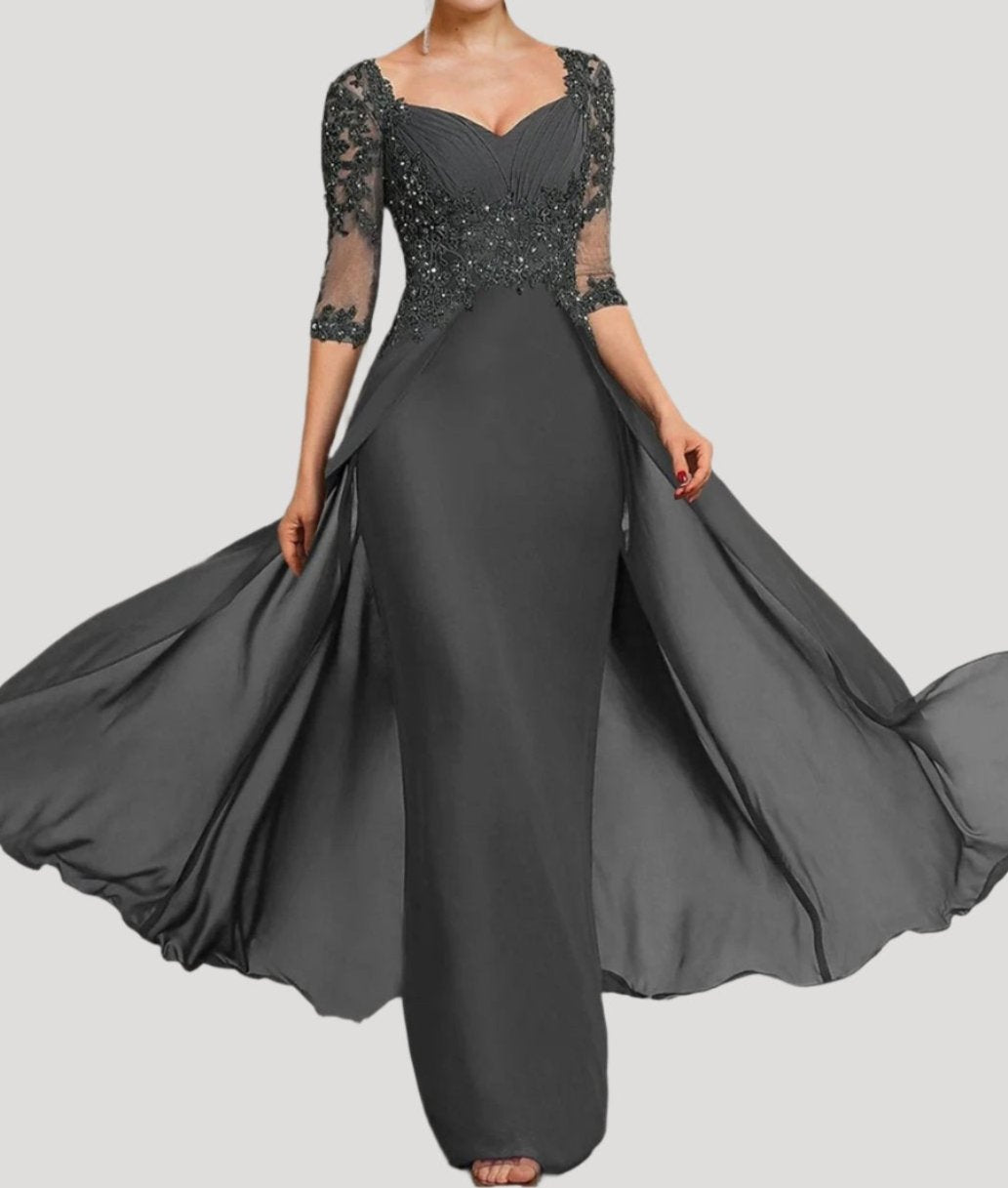 Steel Grey Half Sleeves Floor Length Mother of The Bride Dresses