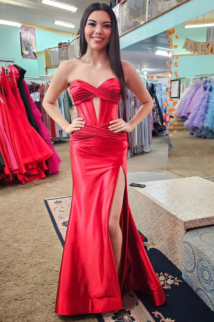 Unique Satin Off The Shoulder Long Prom Dress with Slit