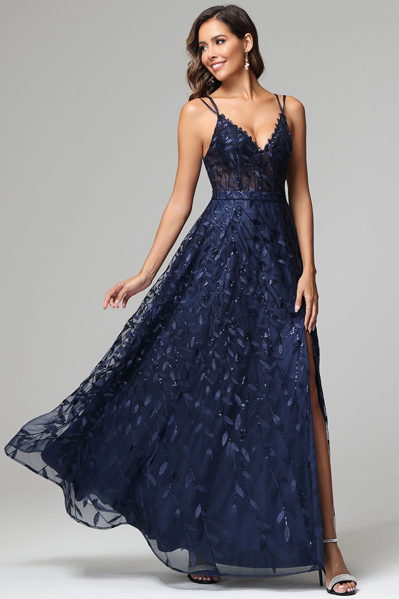 INA (i:na) Navy offers Lace Spaghetti Strap Long Gown