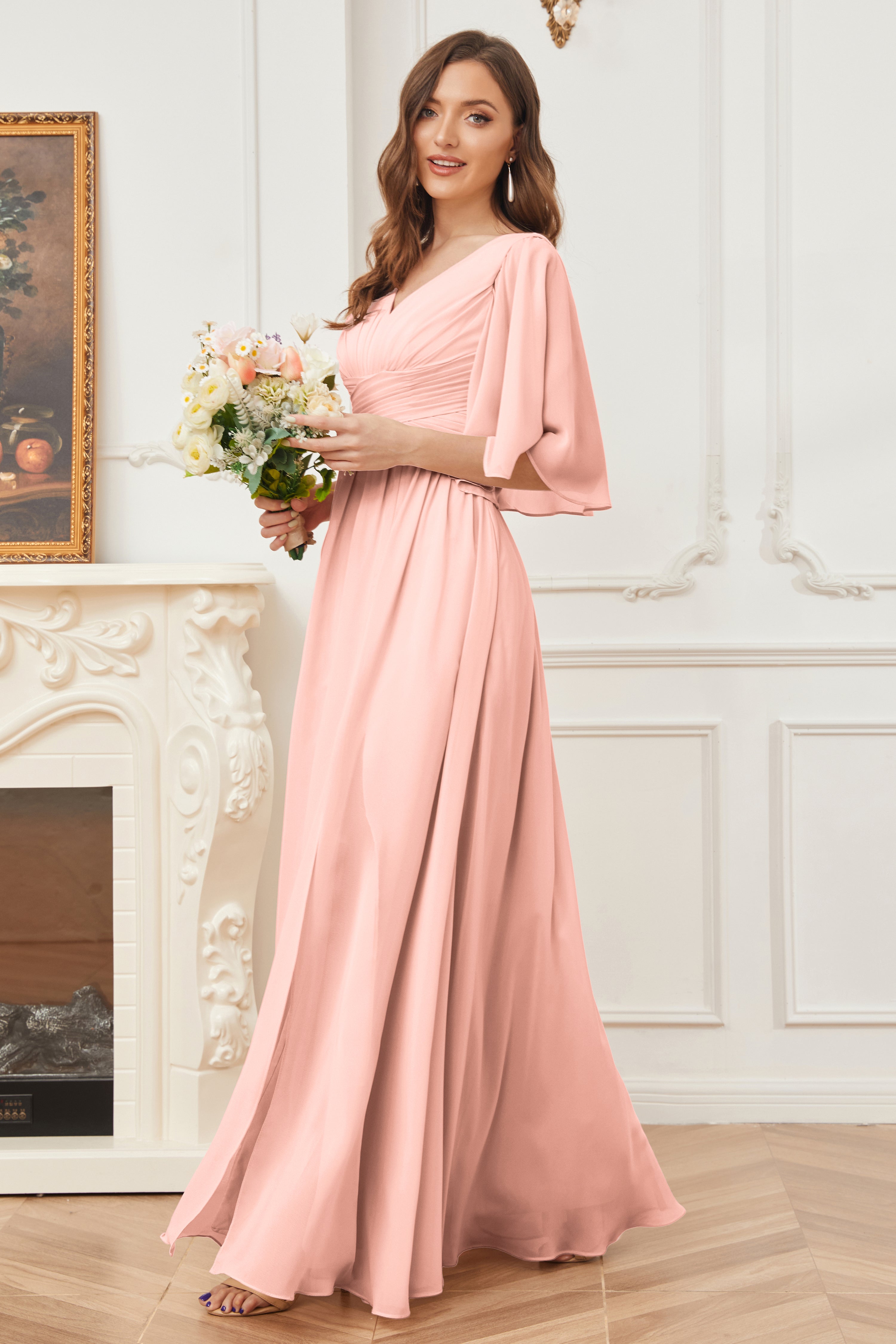 Half Sleeves V neck Chiffon Bridesmaid Dresses