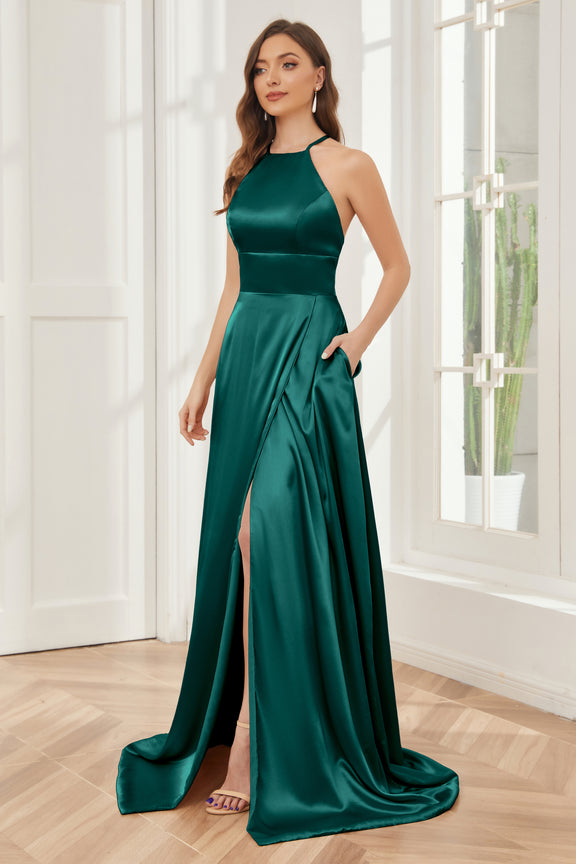 Column Halter Soft Satin Bridesmaid Dress with Pockets