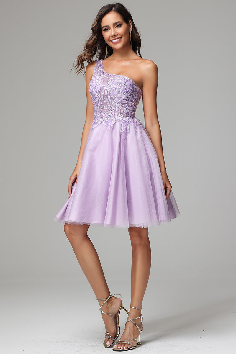 One Shoulder A line Lilac Short Homecoming Dress with Appliques