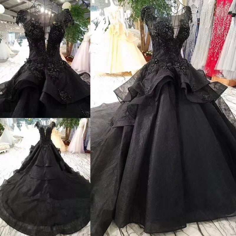 Stunning Cap Sleeves Ball Gown Black Long Quinceanera Dresses