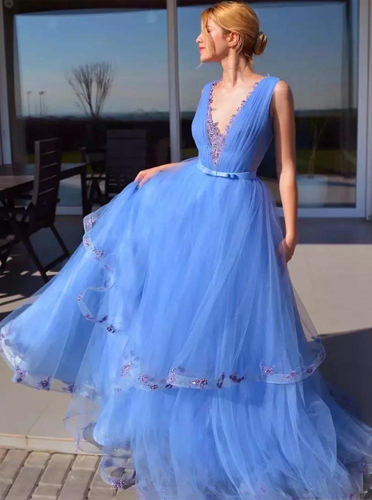 Sky Blue V-Neck A-Line Tulle Pageant Dresses With Appliques Prom Dresses