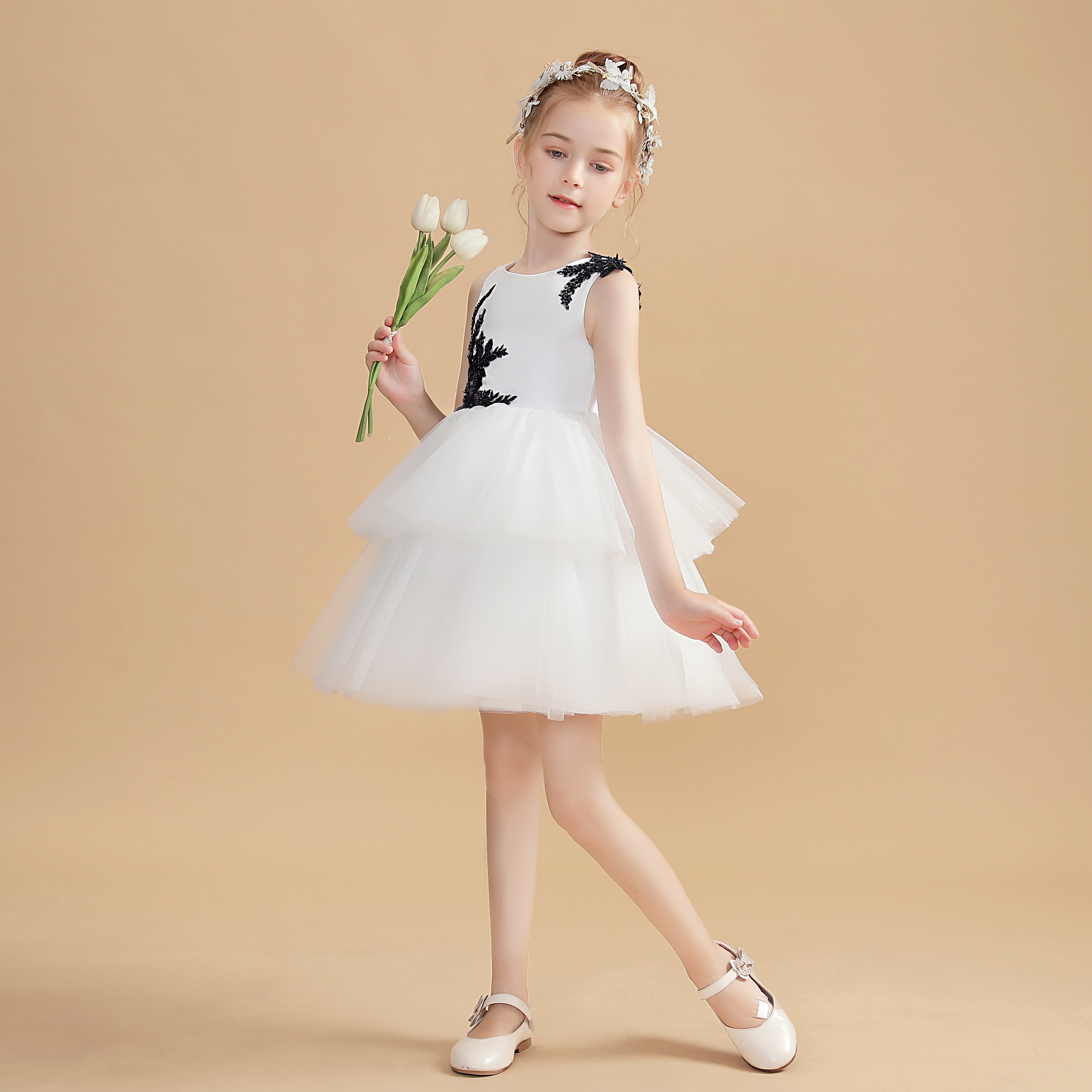 Short Ivory Flower Girl Dresses With Black Appliques