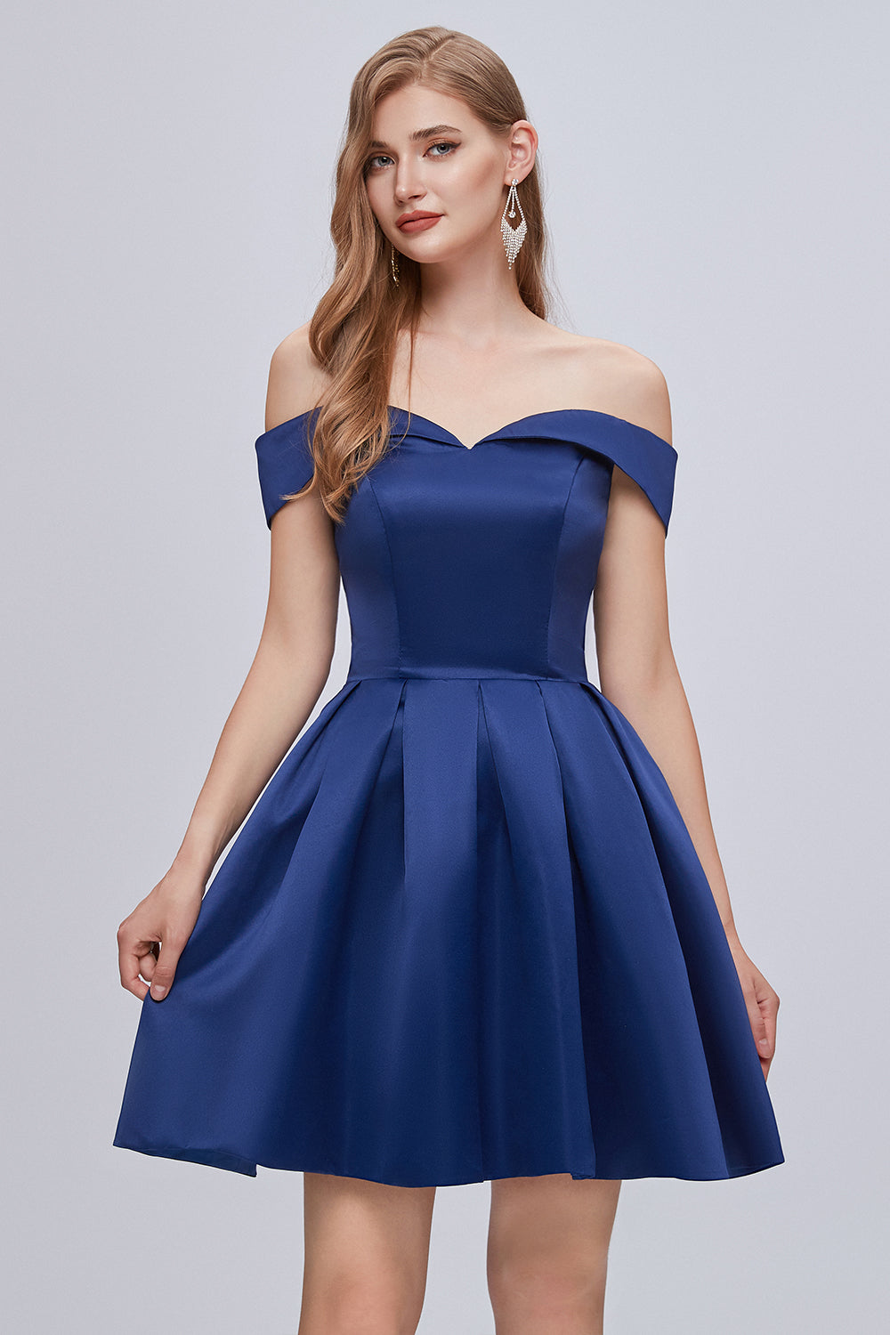 Cute Blue Off The Shoulder Lace Up Satin Homecoming Dresses