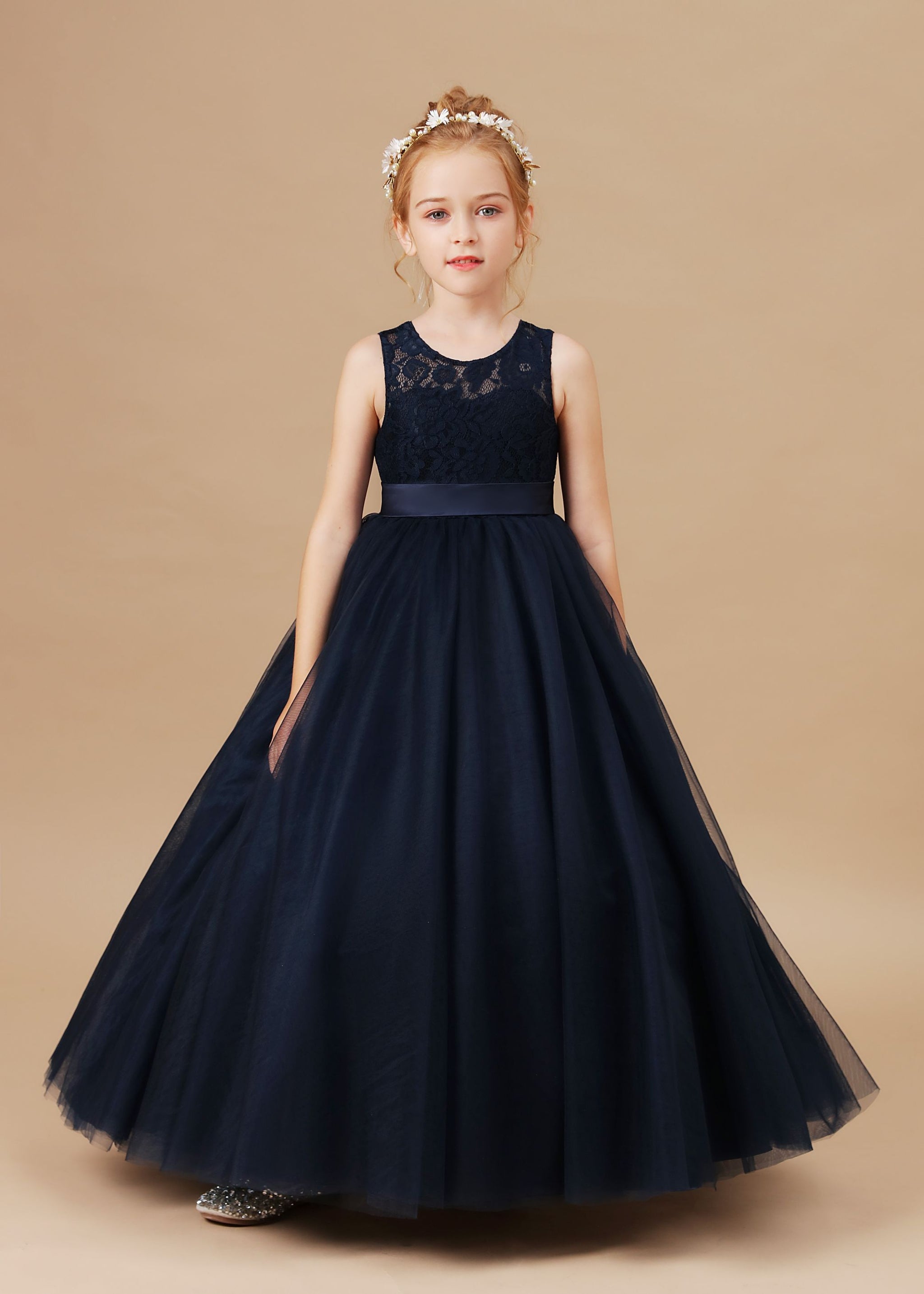 Pretty Sleeveless Stain-Sash Lace Tulle Flower Girl Dresses With Bowno