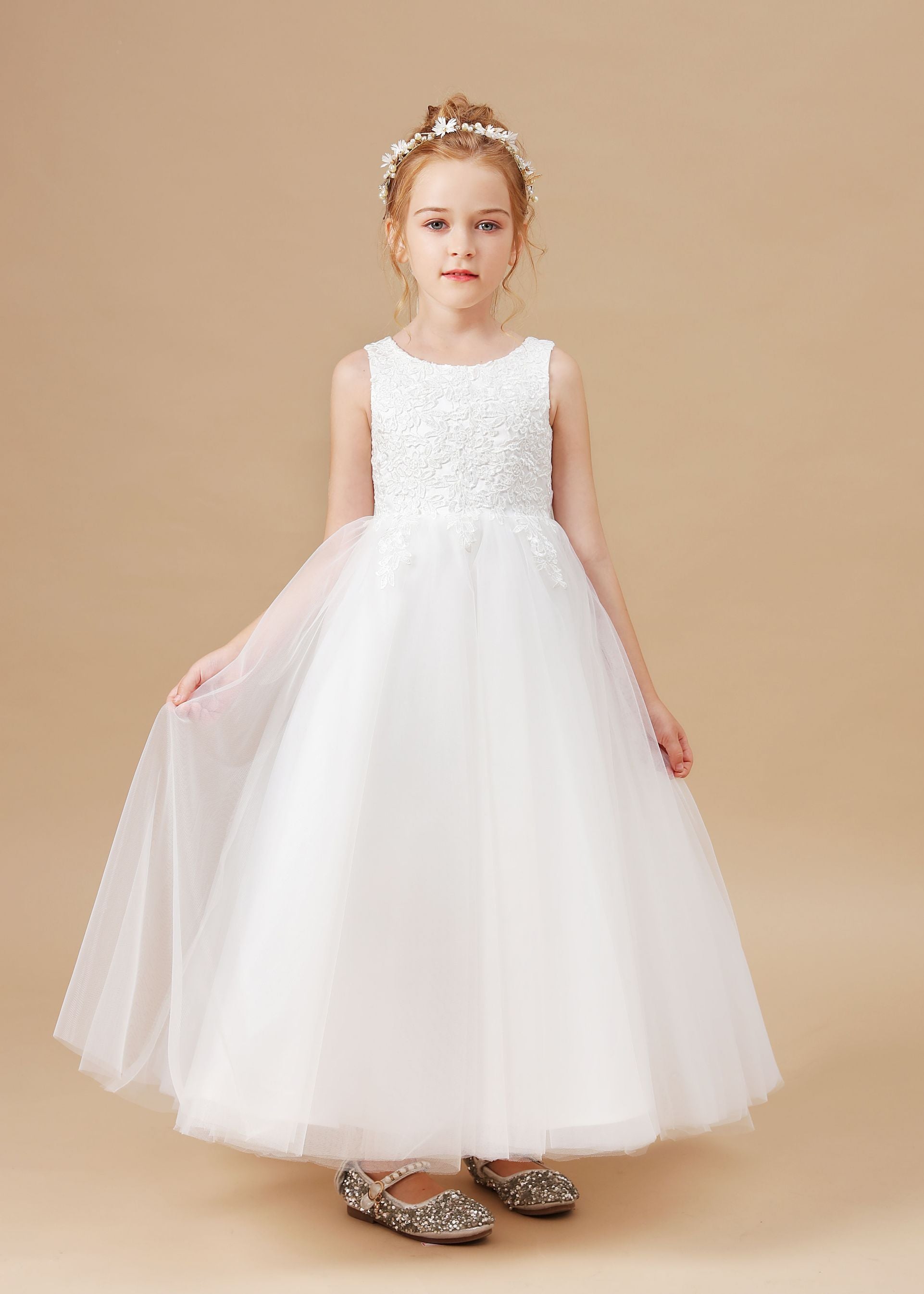 Lovely Sleeveless Applique Tulle Flower Girl Dresses With Bownot