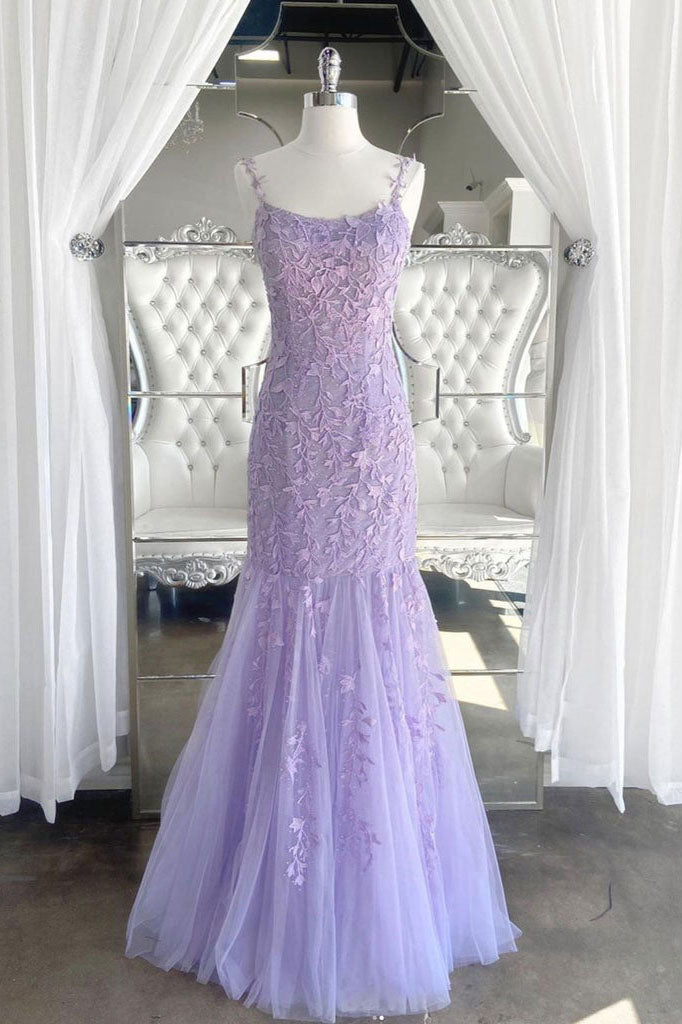 Lilac Spaghetti Straps Long Lace Tulle Evening Dresses Mermaid Appliqu