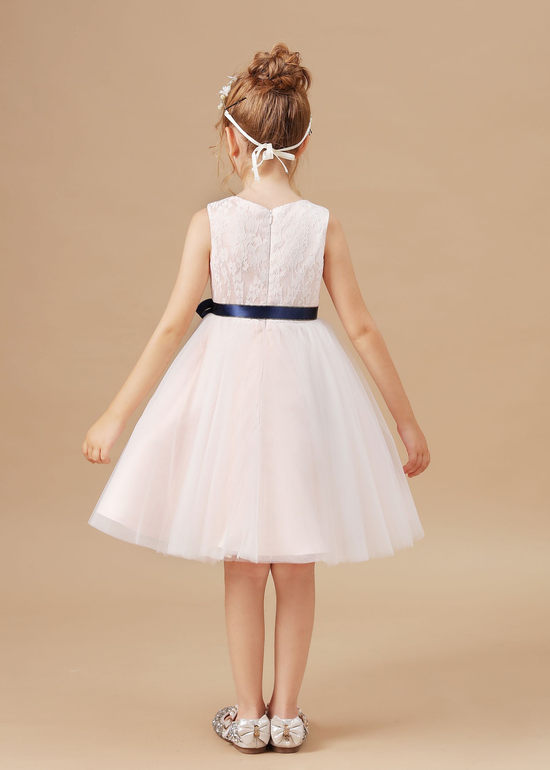 Sleeveless Lace Tulle Satin Flower Girl Dresses With Bowknot Satin-Sash