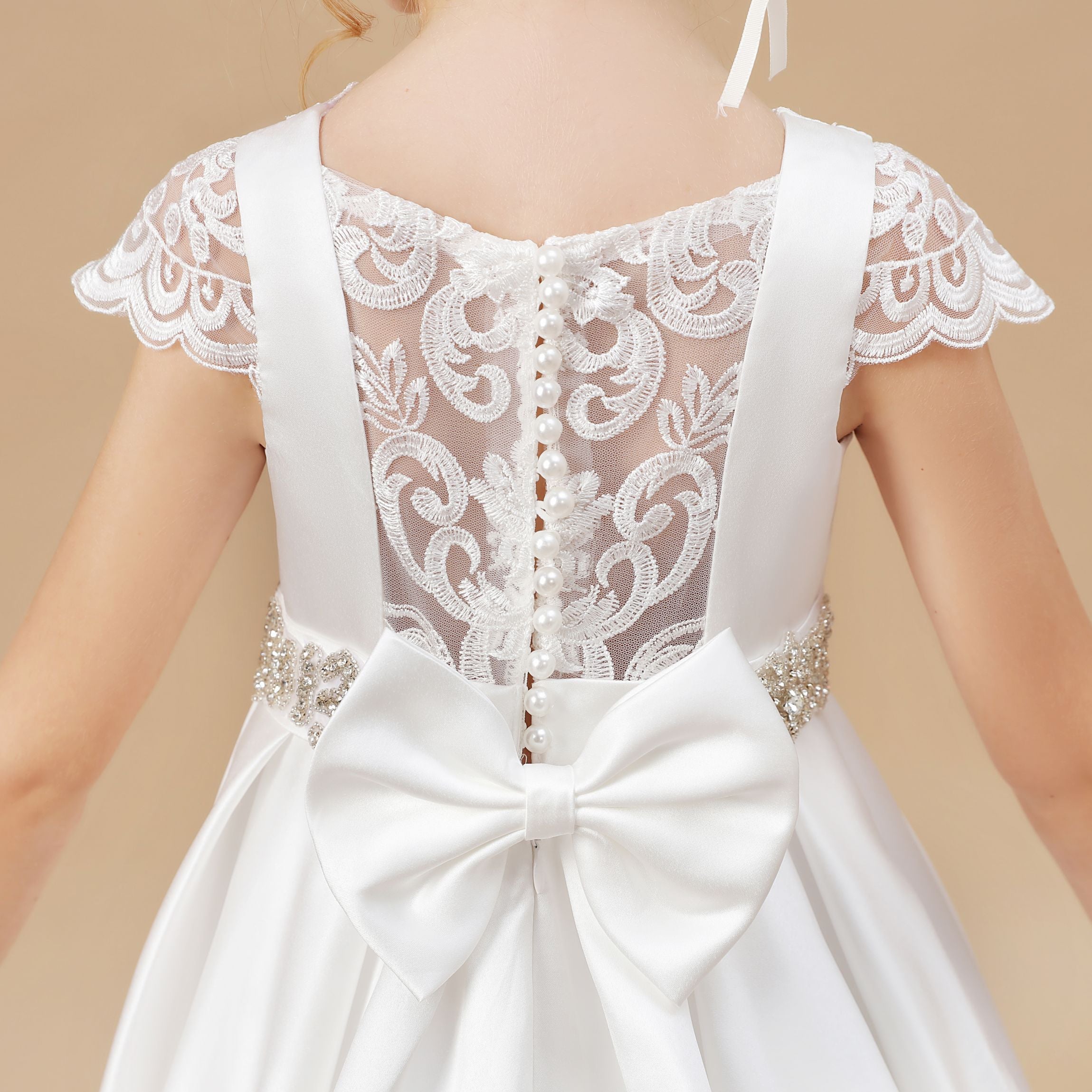 A-line Floor Length Bowknot Ivory Satin Flower Girl Dresses With Rhinestones Waist