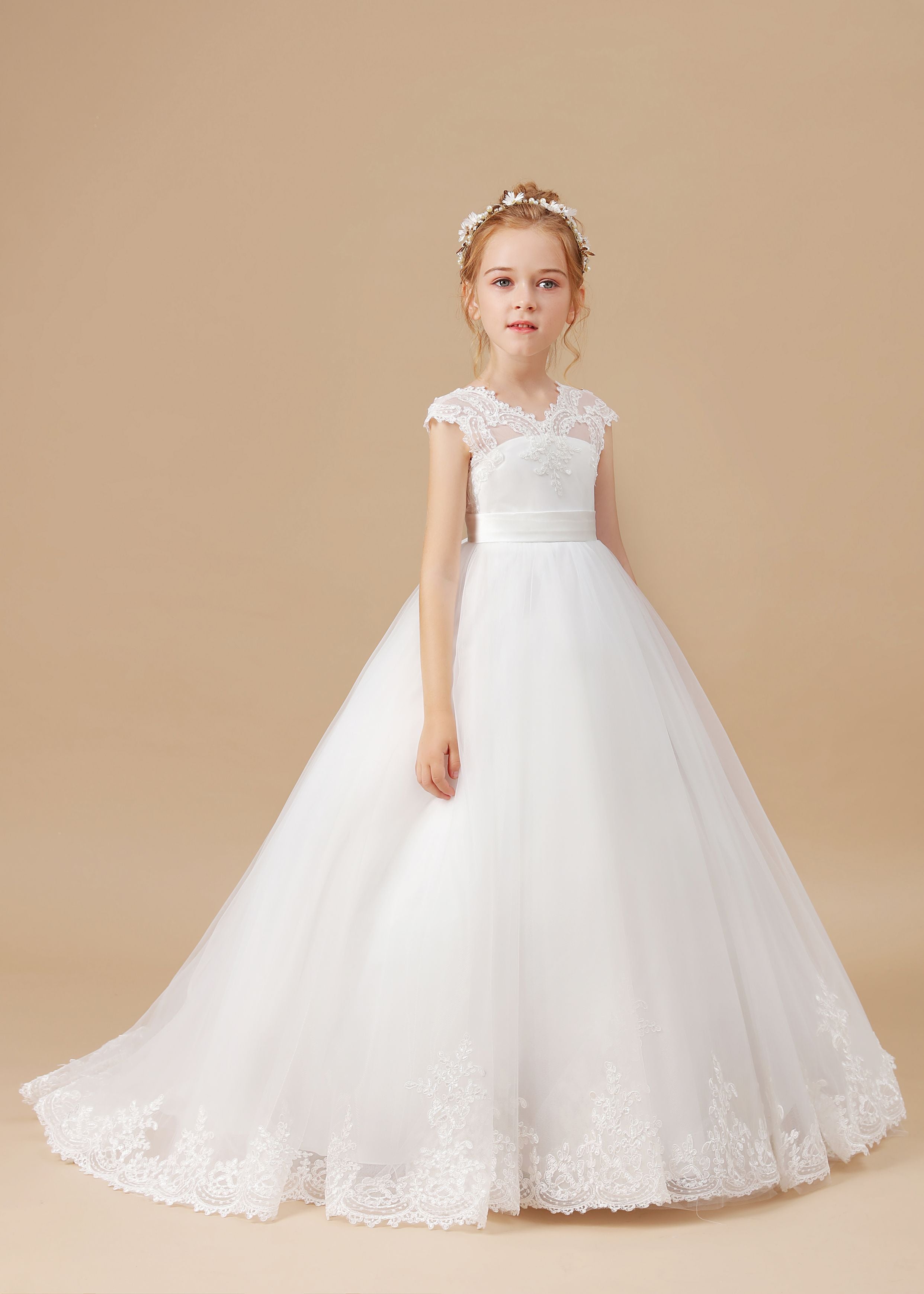 Ivory Floor-length V-neck Lace Tulle Satin Flower Girl Dresses