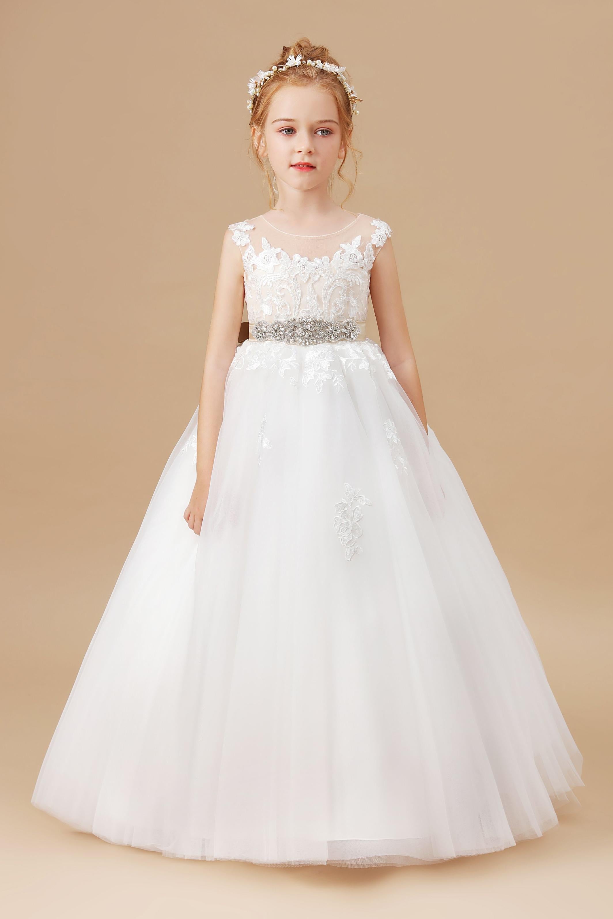 Ivory Sleeveless Tulle Satin Flower Girl Dresses With Champagne Bowknot