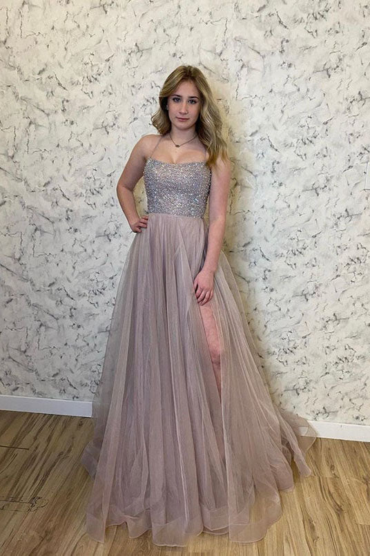 A Line Stylish Tulle Spaghetti Straps Evening Dresses Beads Long Prom