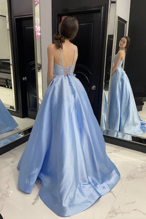 A Line Spaghetti Straps Formal Evening Dresses Satin Blue Long Prom Dr