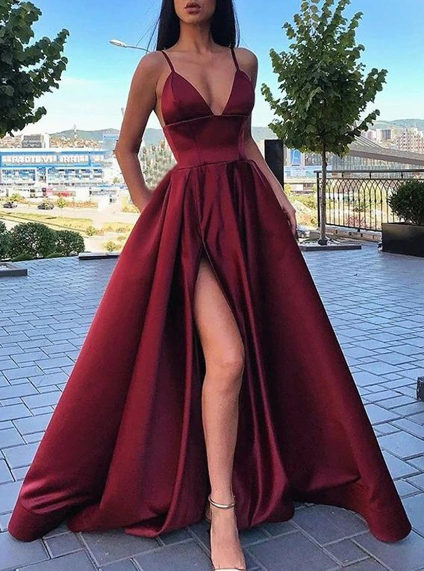 Simple A Line V Neck Burgundy Split Prom Dresses