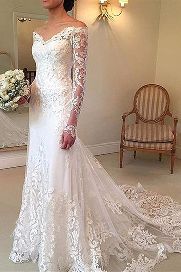 Charming V Neck Long Sleeves Off The Shoulder With Appliques Wedding Dresses