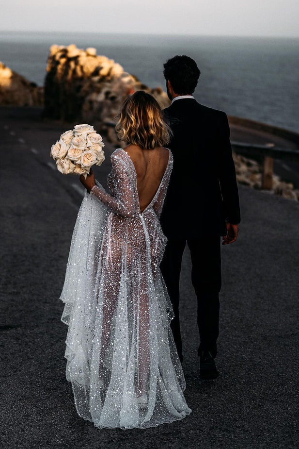 Sparkly V Neck Long Sleeves See Through Sequins Wedding Dresses