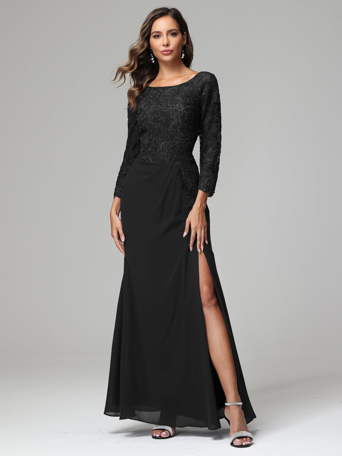 Long Sleeves Floor Length Chiffon Lace Mother Of The Bride Dress