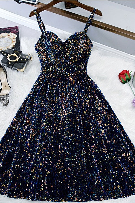 Glitter Spaghetti Straps Cute Short Prom Dresseses Tight Tea Length Ho