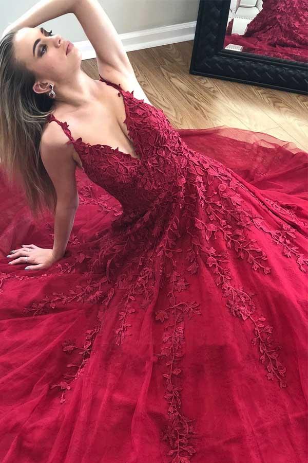 Plunging V Neck Maroon Lace Tulle A-line Prom Gown - Xdressy