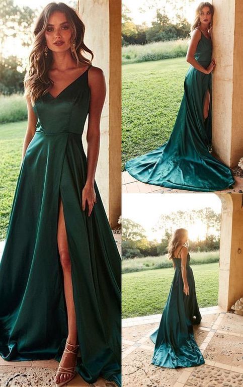 Spaghetti Straps Long V-neck Prom Dresses Simple Prom Dresses