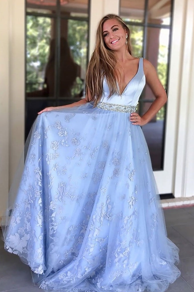 Light Blue V-neck Lace Beading Evening Dresses Elegant Long Prom Dress