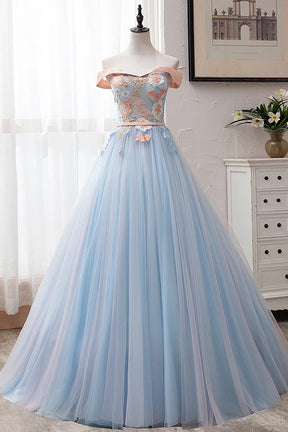 Newest Off The Shoulder Light Blue And Pink Long Ball Gown Prom Dresses