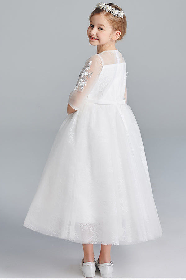 Cute Half Sleeves Round Neck Lace Tulle Appliques Flower Girl Dresses