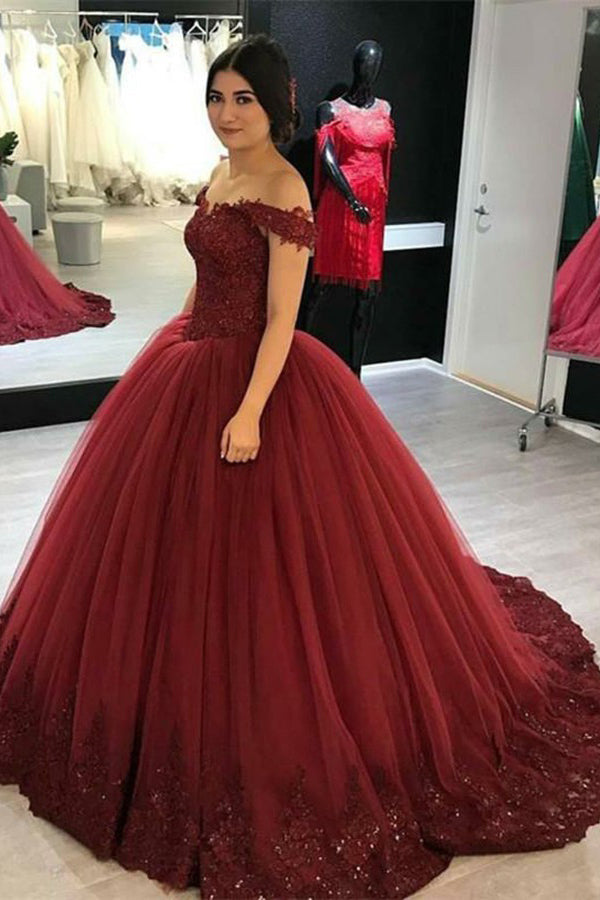 Burgundy Ball Gown Off the Shoulder Tulle Prom Gown with Appliques