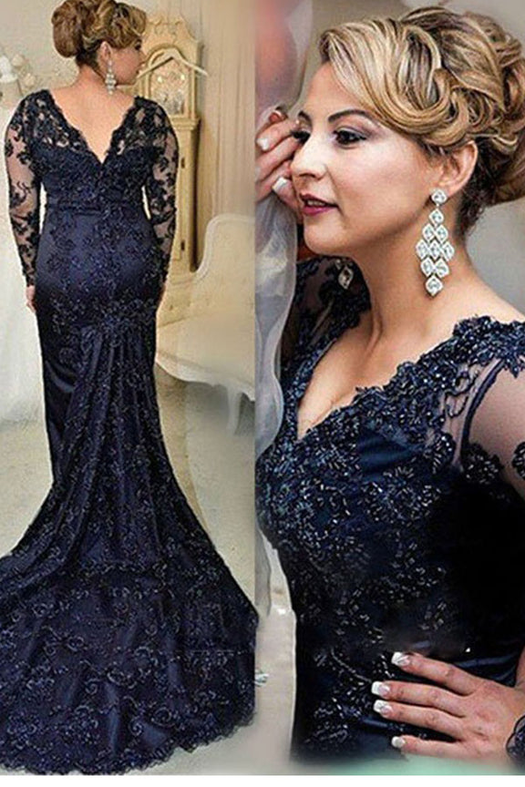 Lace Long Sleeves V-neck Navy Blue Mother of the Groom Dresses