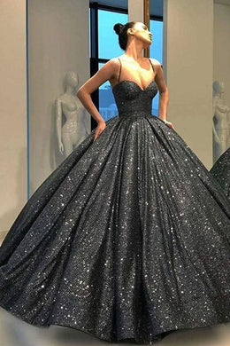 Sweetheart Spaghetti Straps Sequins Ball Gown Black Sparkly Prom Dress